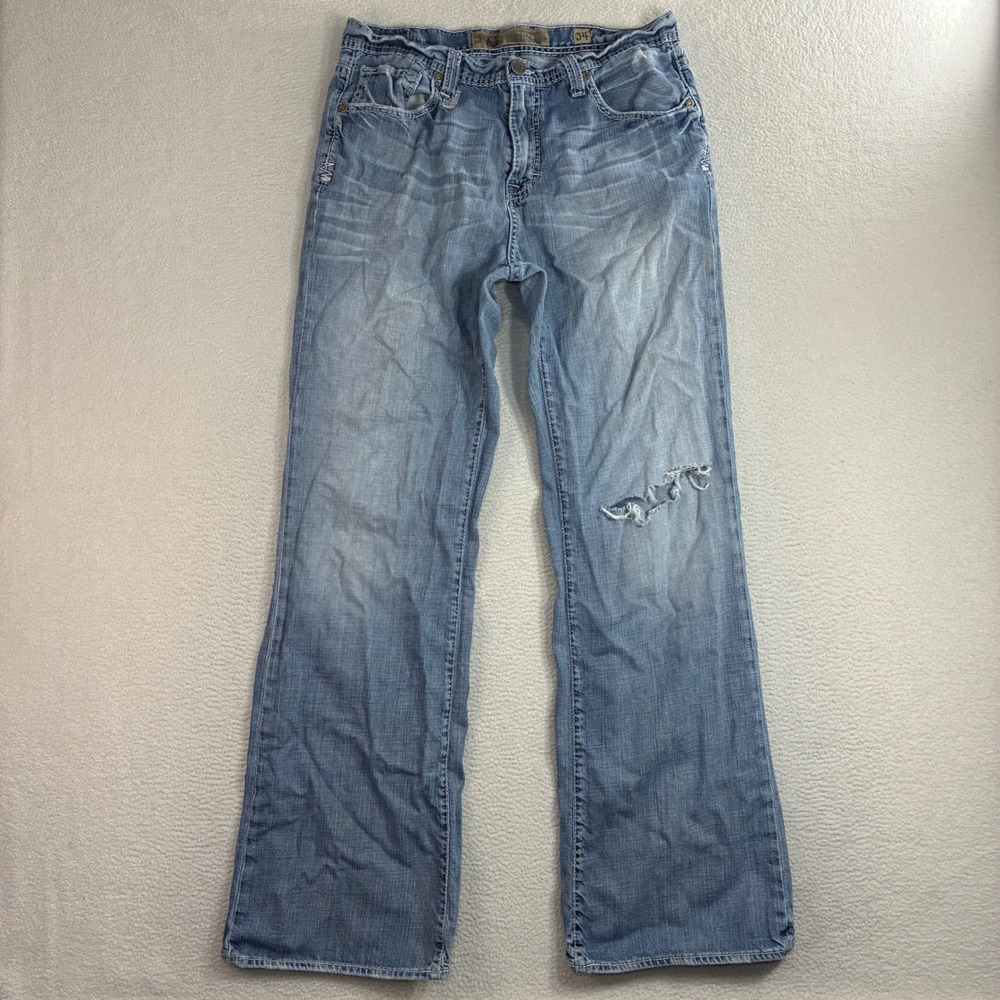 BKE Tyler Bootleg Jeans Men 34x34 Blue Fade Whiskered Distressed Western Bootcut
